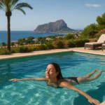 Eine Frau schwimmt in ihrem privaten Pool an der Costa Blanca mit dem Meer im Hintergrund.