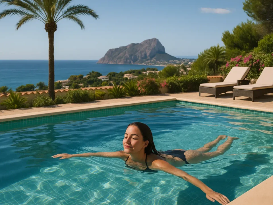Eine Frau schwimmt in ihrem privaten Pool an der Costa Blanca mit dem Meer im Hintergrund.