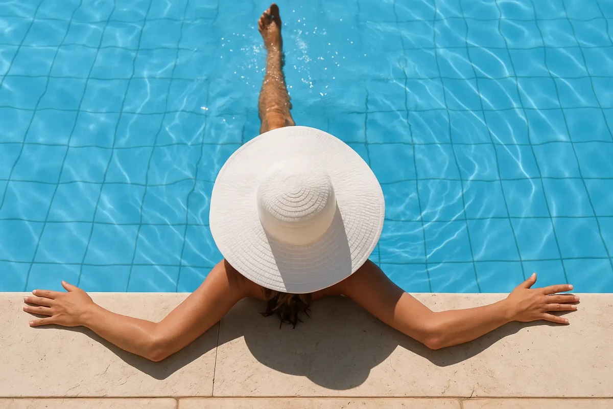 Poolservice Orihuela Costa: Eine Frau mit Hut genießt ihren gereinigten Pool.