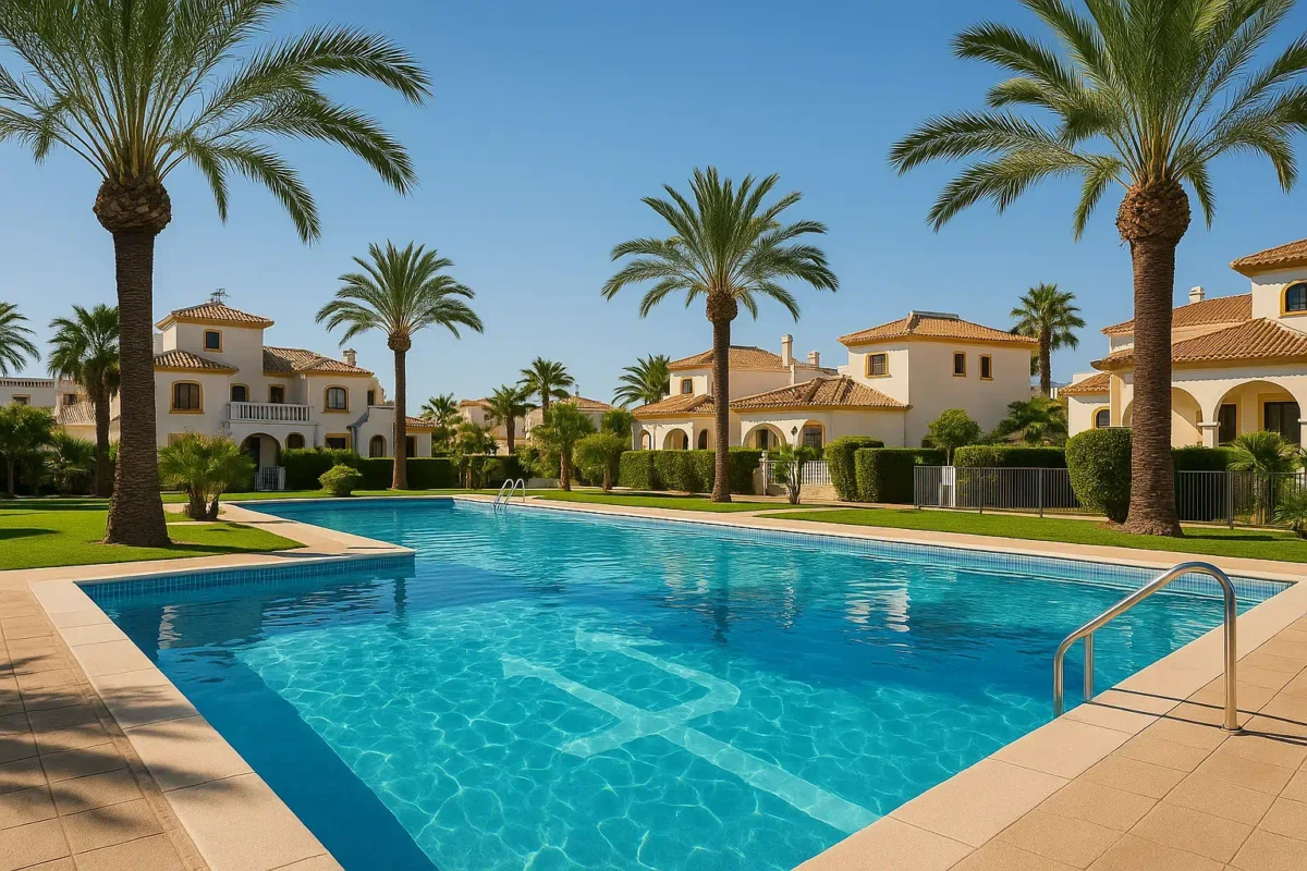 Moderner Gemeinschaftspool in mediterraner Wohnanlage mit Palmen und Sonne in Torrevieja – gepflegte Anlage durch Poseidon Poolservice.