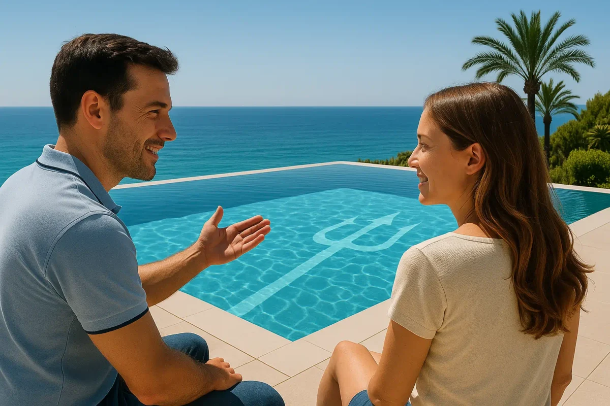 Paar am Poolrand betrachtet Wasser und Technik – Symbol für das Zusammenspiel von Pflege, Erfahrung und Wasserqualität.